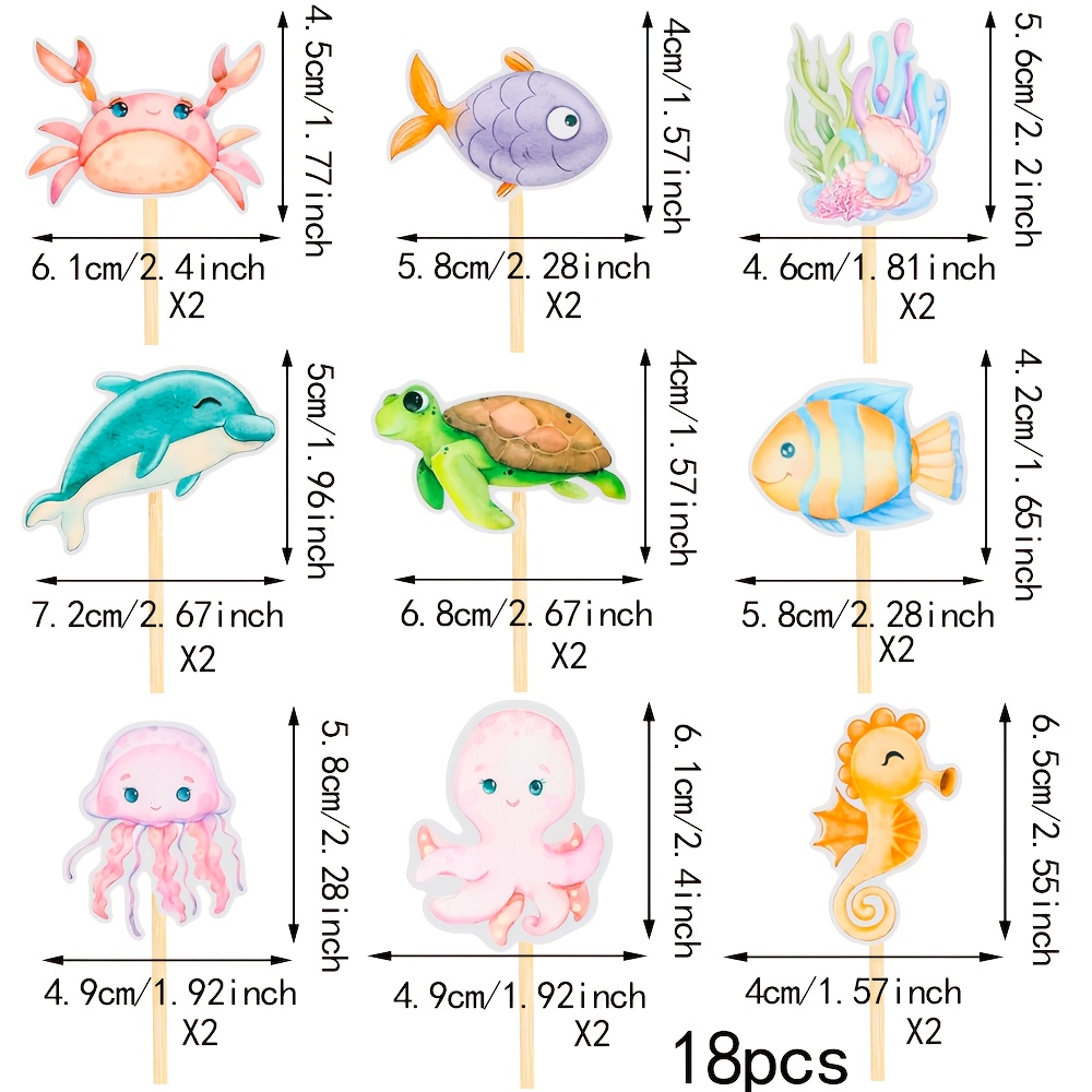 Image of 18pcs Set Of Ocean Animal Cupcake Decorations, Turtle Octopus Cupcake , Seahorse Coral Cake Theme Birthday Party Supplies