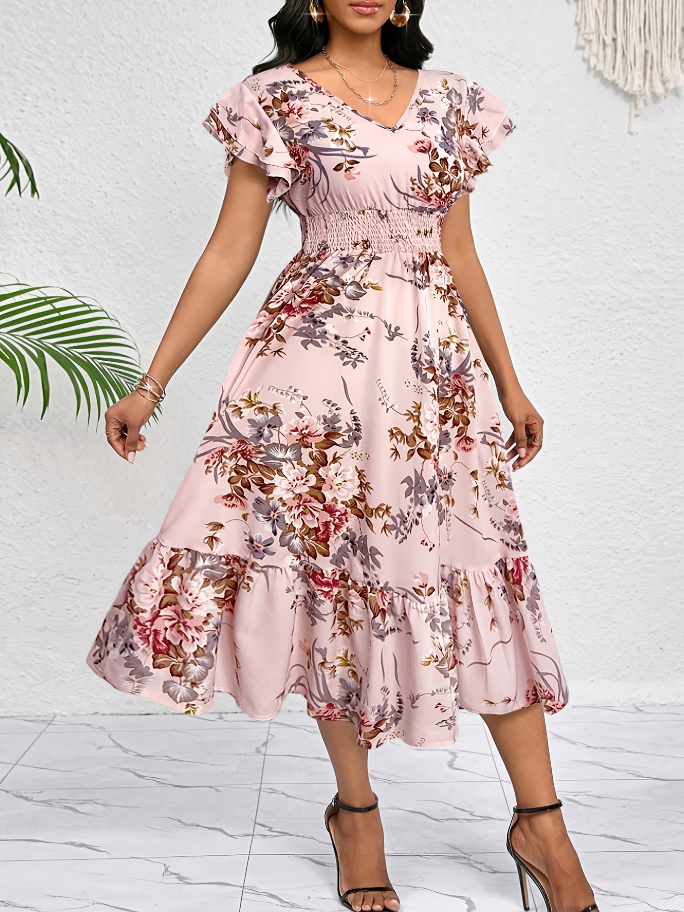 Women'S Floral Print V-Neck Dress with Short Sleeves & * Hem - A-Line Flowy  Maxi Dress for Spring/Summer, Lightweight Polyester Fabric * Casual or  Dressy Occasions, Floral Print Dress