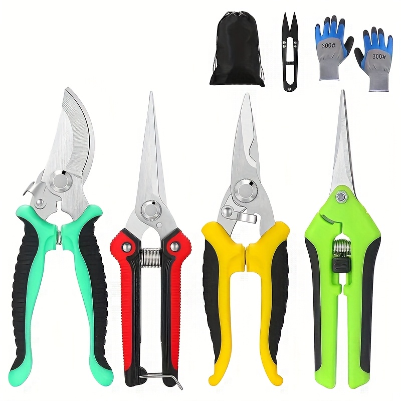 TEMU 5pcs Heavy-duty Gardening Shears Set With Stainless Steel Blades - Dual-handed Handheld Pruners, Bypass & Shears, Ergonomic Orange Handles &