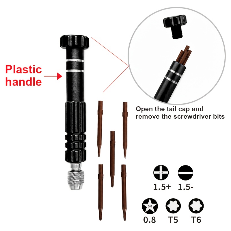 TEMU Screwdriver For Mobile Phone Disassembly And Repair, Including 1pc Handle And 5pcs Replaceable Heads, Suitable For , Glasses And Clock Repair,