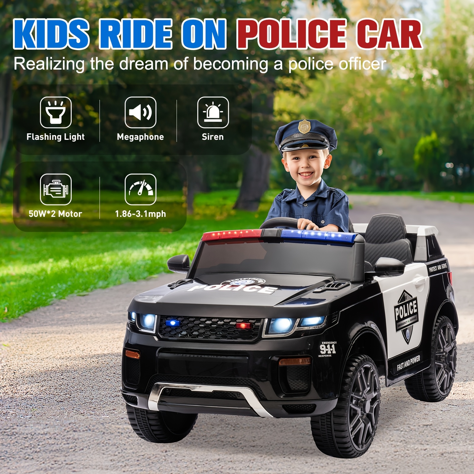 TEMU 2-seater Kids Police Car With Parent Remote Control, Flashing Lights, Mp3 Player & Megaphone - 12v Battery-powered Electric Vehicle With & Suspension