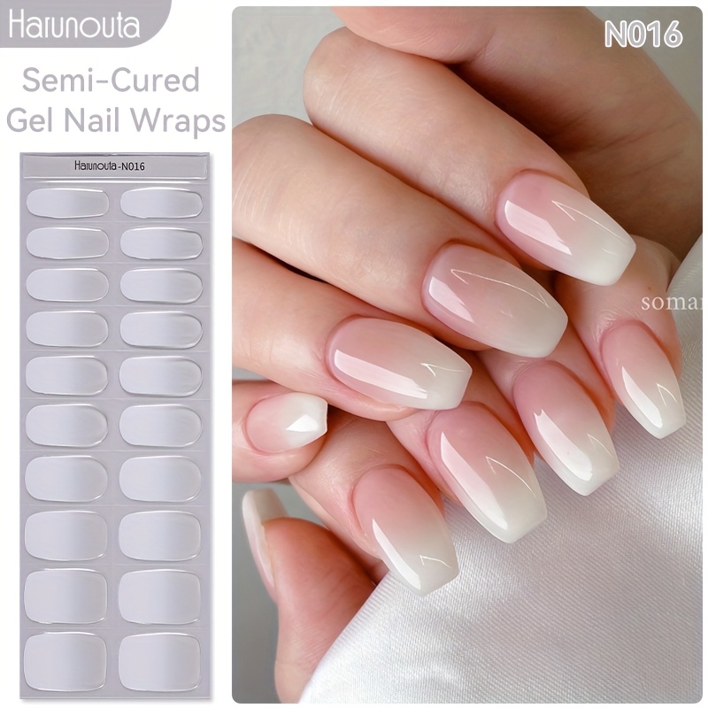 Harunouta 20tips White Gradient Semi Cured Gel Nail Strips Jelly Finish Gel Nail Wraps French Manicure Nail Art Sticker, , Easy To Apply & Remove, No Damage To Nails Single Use Nail Decoration