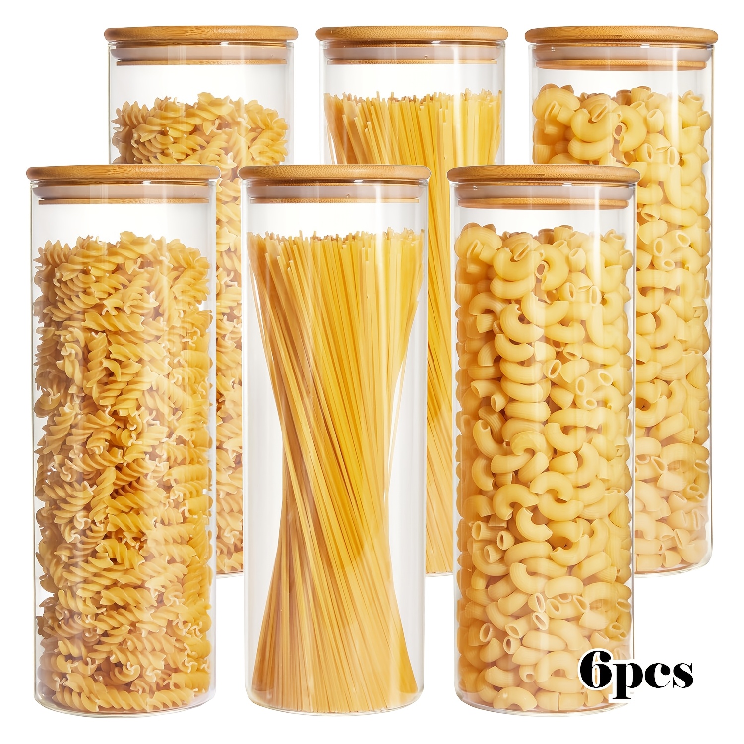 Image of 6pcs Borosilicate Glass Storage Jar, Kitchen Food Canister, Sealed Jar With Bamboo Lid, Transparent , Suitable For Pasta, , Nuts, Coffee Beans, 2100ml/71oz.