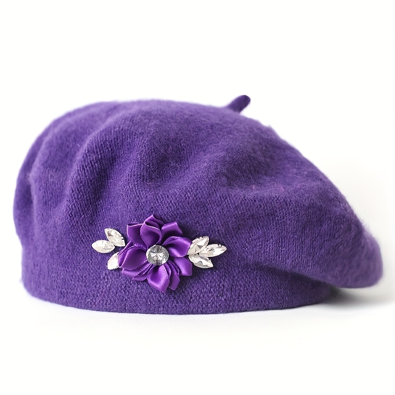 TEMU 1pc Rhinestone Flower Wool Solid Color Women's Beret, Multiple Colors , Suitable For Daily Use