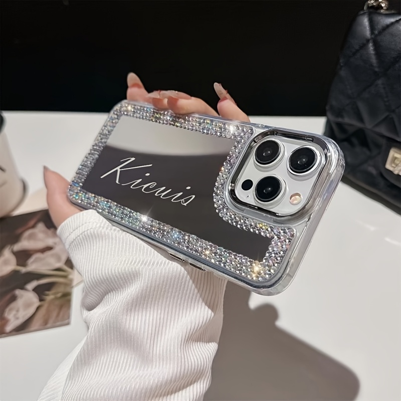 Personalized Luxury Custom Your Name Glitter Rhinestone Make UP Mirror Phone Case For IPhone 16 15 14 13 12 11 Pro Max 16 Plus Shockproof Protective Back Cover