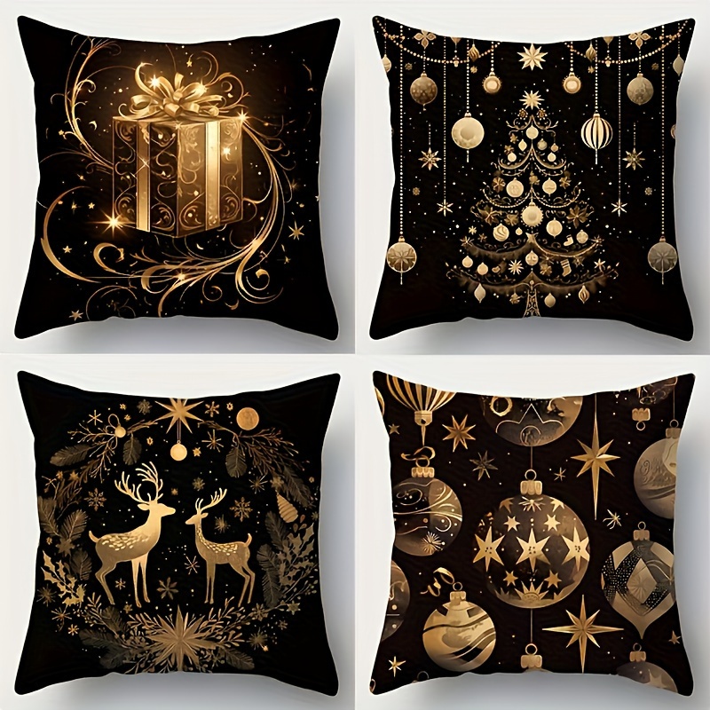 

Luxurious Golden Accent Throw Cushion Covers - Set Of 4, Style, Machine Washable, Assorted Christmas Patterns With Zipper Closure, Decor, Polyester, Fits Room Types, Woven Texture - 18x18 Inches