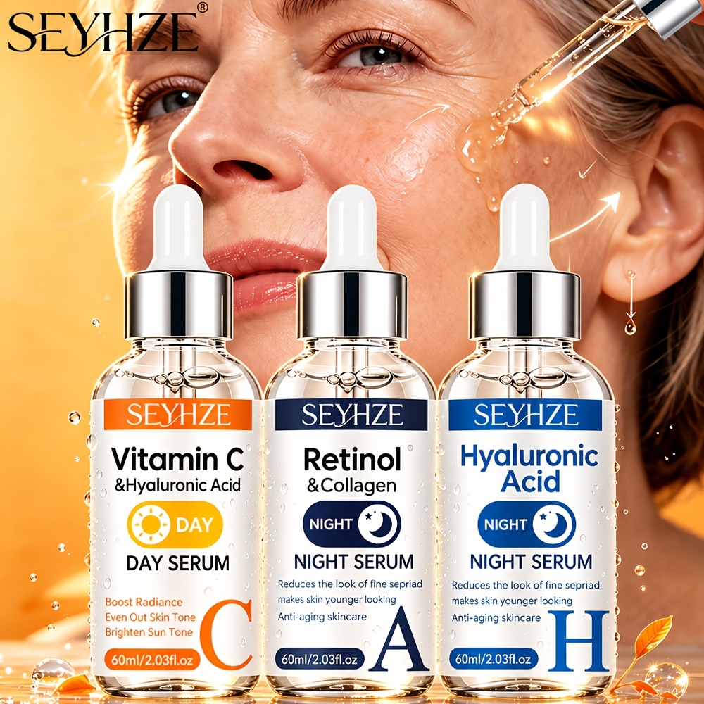 SEYH 3pcs Vitamin C + Retinol + Hyaluronic Acid Serum Set with Collagen, Aloe, Niacinamide - Brightens, Hydrates, Evens Skin Tone, Gentle, Non-Irritating, for All Skin Types