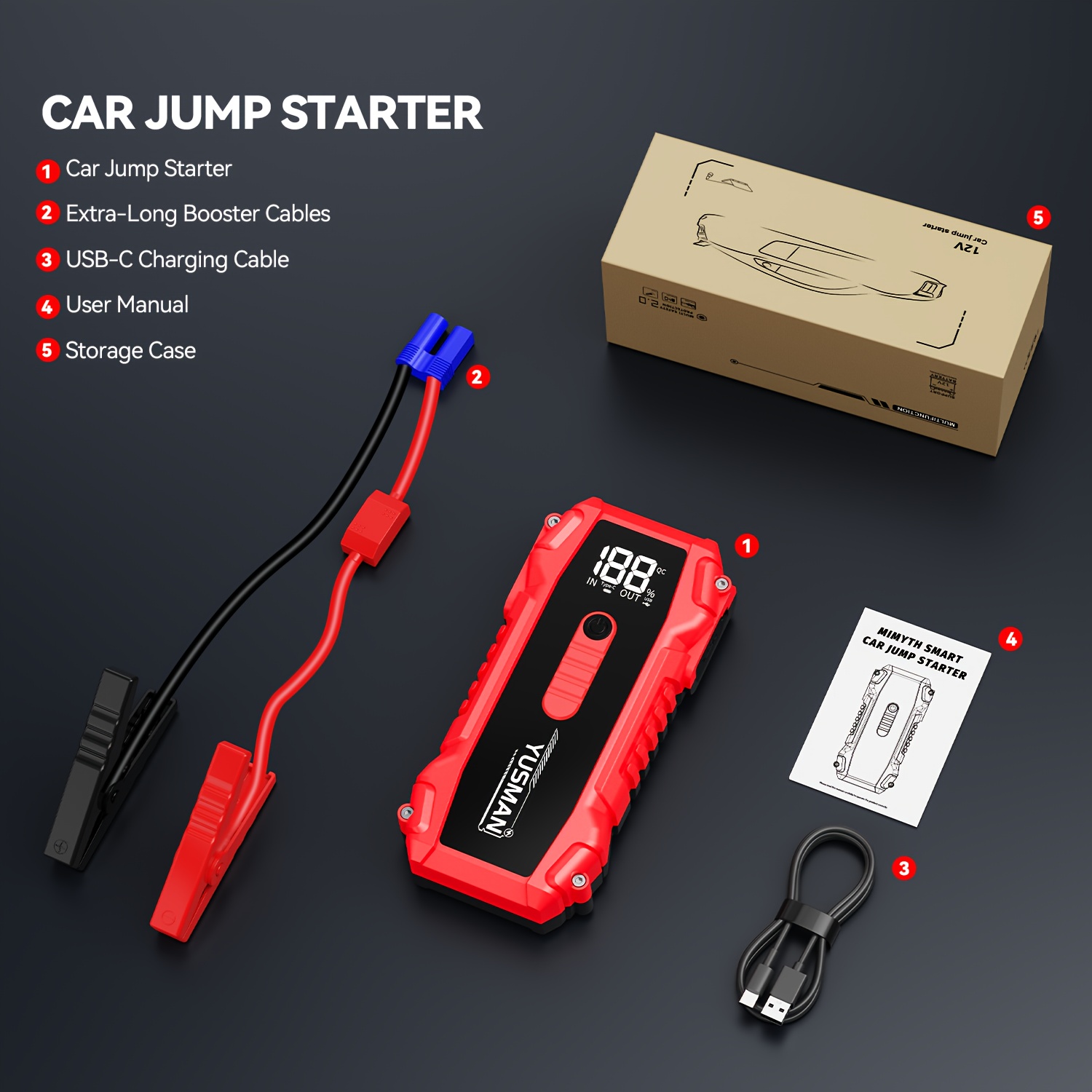 TEMU Yusman Car Jump Starter 7000a Battery Booster, Portable Power, Emergency , Starter Box With Led Light And Lcd Screen (suitable For All Gasoline