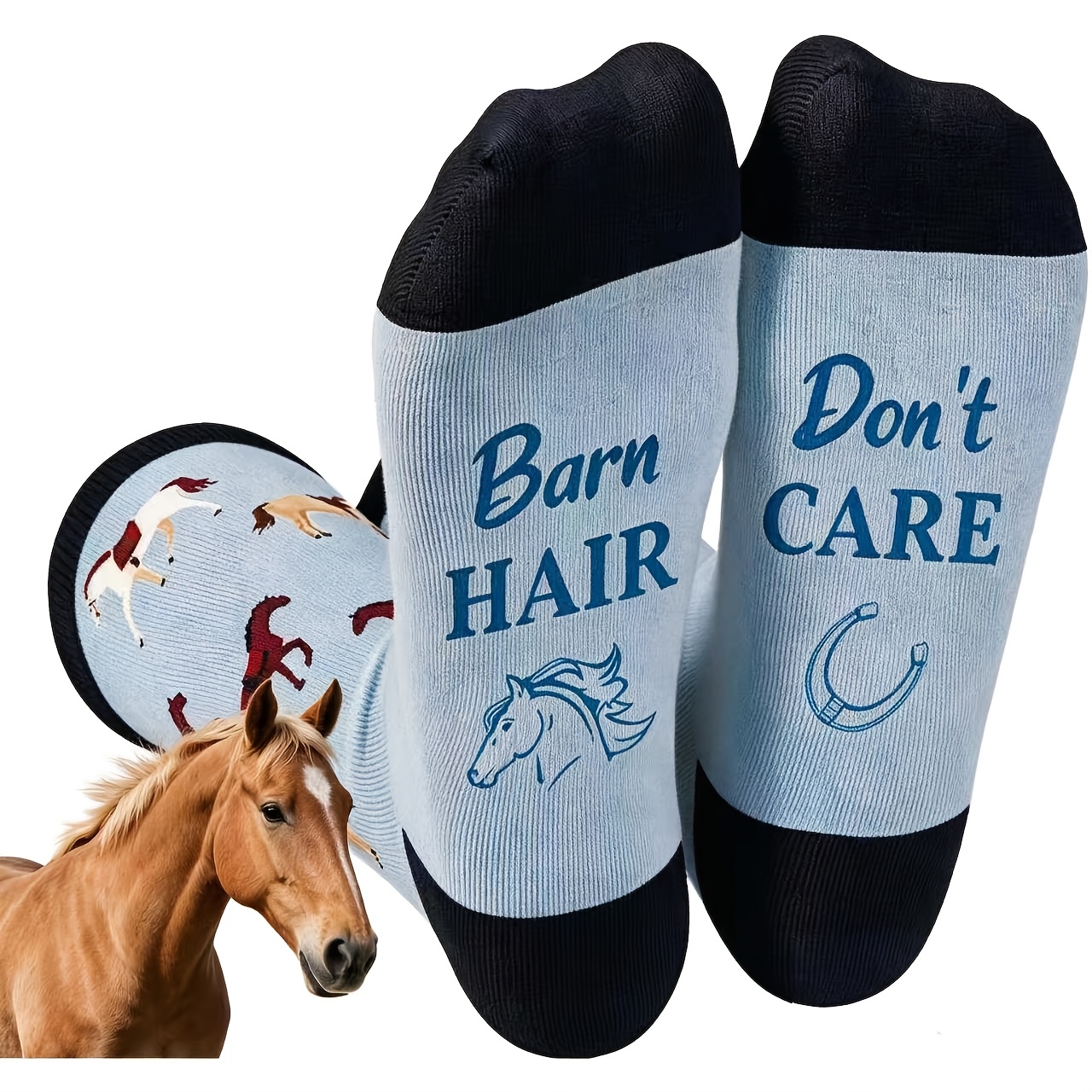 TEMU Horse Print Crew Socks For Women Men Teens, Equestrian Riding Socks, Funny Barn Hair Don't Care Novelty Socks