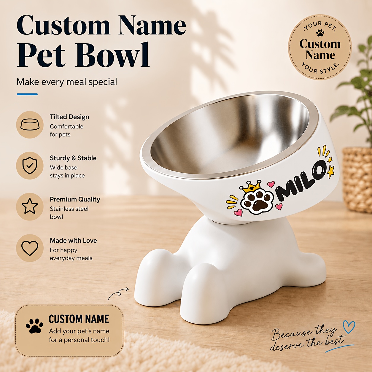 TEMU Available Personalized Pet Bowl Custom Name Stainless Steel Inner Removable Easy Clean Slanted Opening High-leg Cat Bowl Dog Bowl Kitten Small