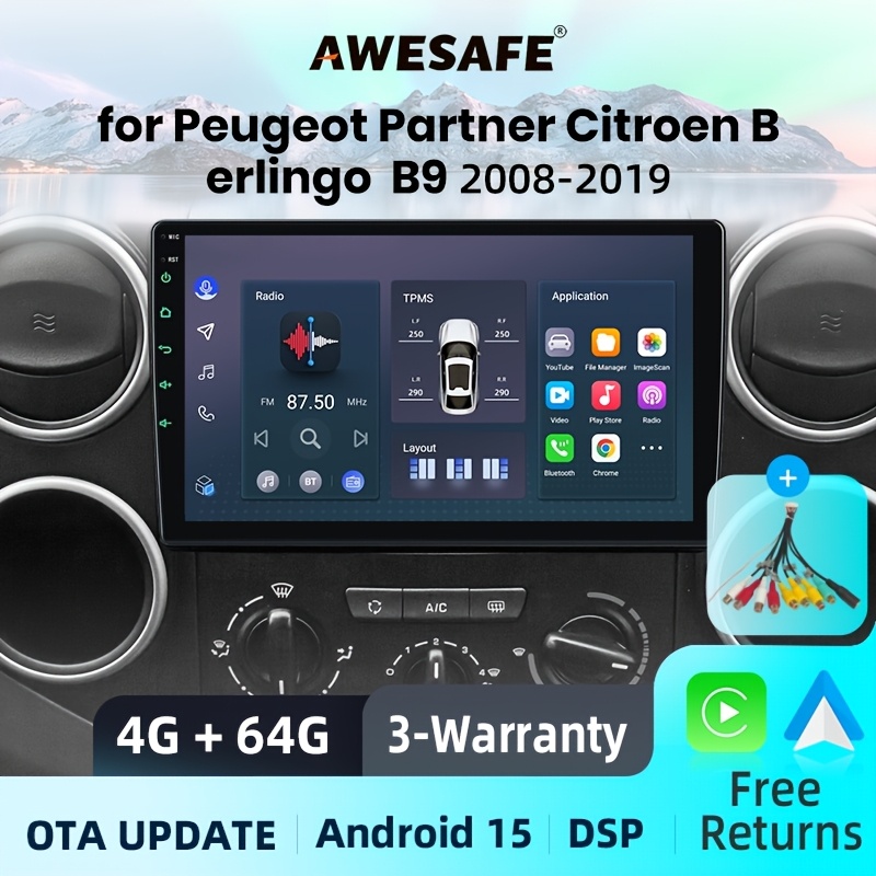 Image of Awesafe For Berlingo B9 2008 2009 2010 2011 2012 2013 2014 2015 2016 2017 2018 2019, 4+64gb 15 & Auto Car Radio, Touchscreen Multimedia With Gps Navigation, Fm Rds, Swc, Ota, Wireless 5.0 Rca