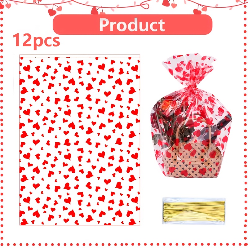 Image of 12pcs Large Transparent Plastic Bags With Heart Print - Durable Opp Material, Red And , Perfect For Valentine's Day, Christmas, Birthday Parties