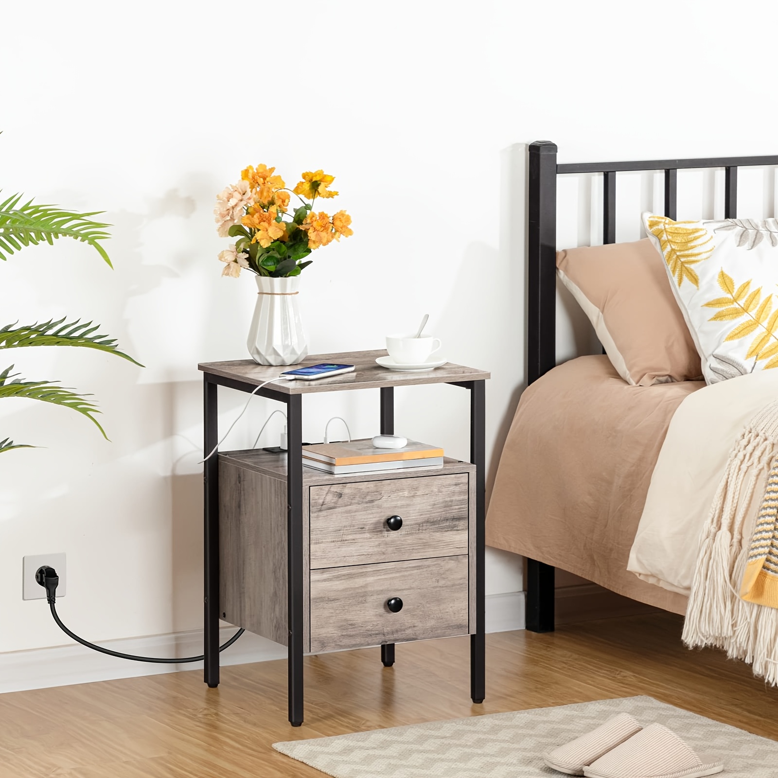 Image of Bedside Table With Charging Station, Side Table, Sofa Table With 2 Drawers, Coffee Table With Usb Port, Suitable For Living Room And Bedroom, , 40 X 40 X 61 Cm, Gray Brown