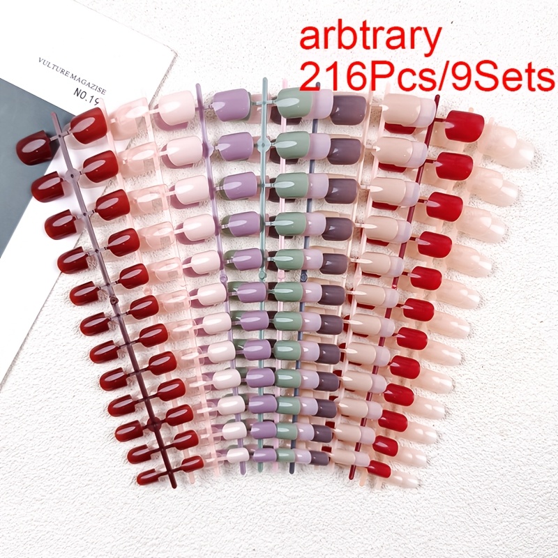 TEMU 216pcs 9 Strips Short Press On Nails, Random Solid Color Fake Nail Tips, Same Shape Assorted Nails, Durable And Remove. Ideal For Ladies And For
