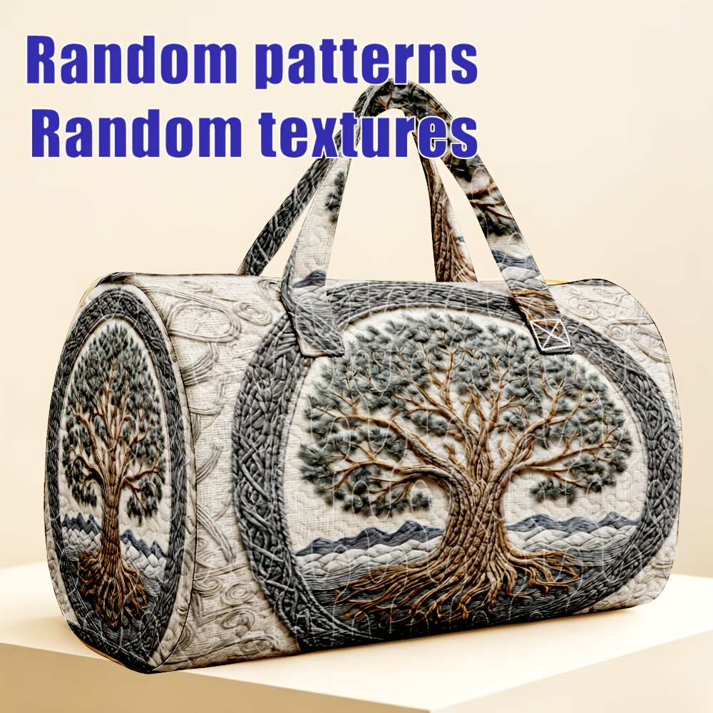 TEMU 1pc Women' Celtic Quilted Tote Handbag With Norse Tree Of Life & Patterns, Cream Suitable For Travel,,, Zipper Closure Round, Machine Washable