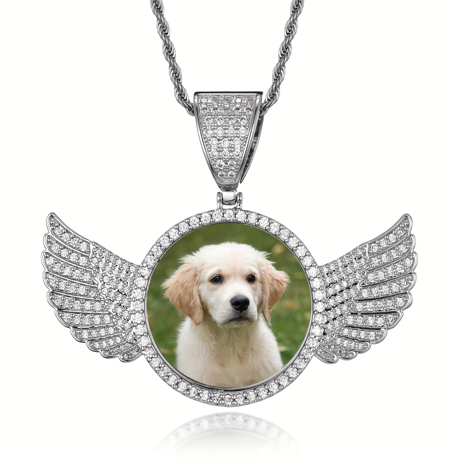 personalized photo pendant hip hop men s and women s round wing gold plated zirconia fashion necklace details 0