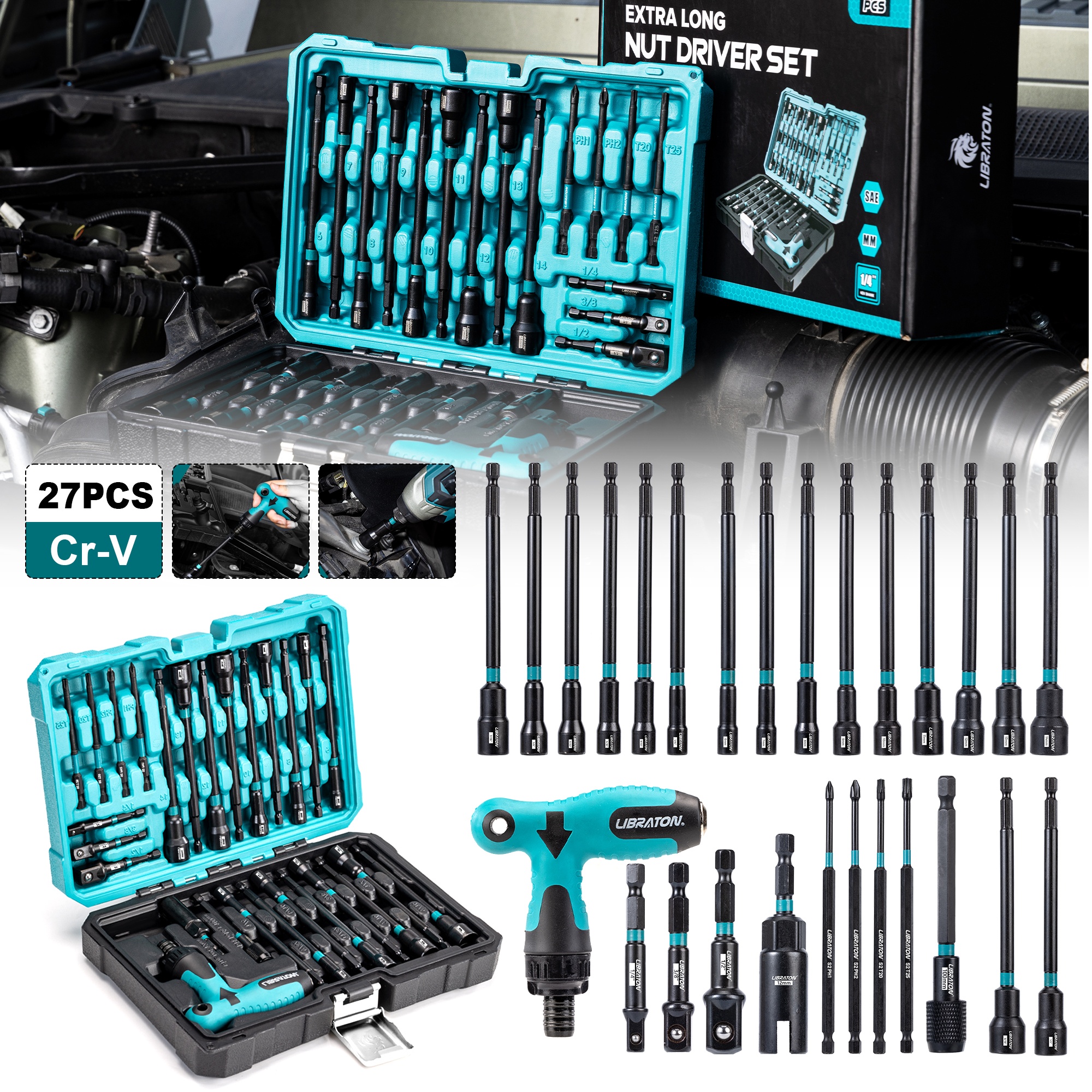TEMU 27pcs Magnetic Nut Driver Set With Ratcheting T Handle, Nut Driver Set For Impact Drill, Metric & Sae Long Socket Set, Drill Bits, Socket