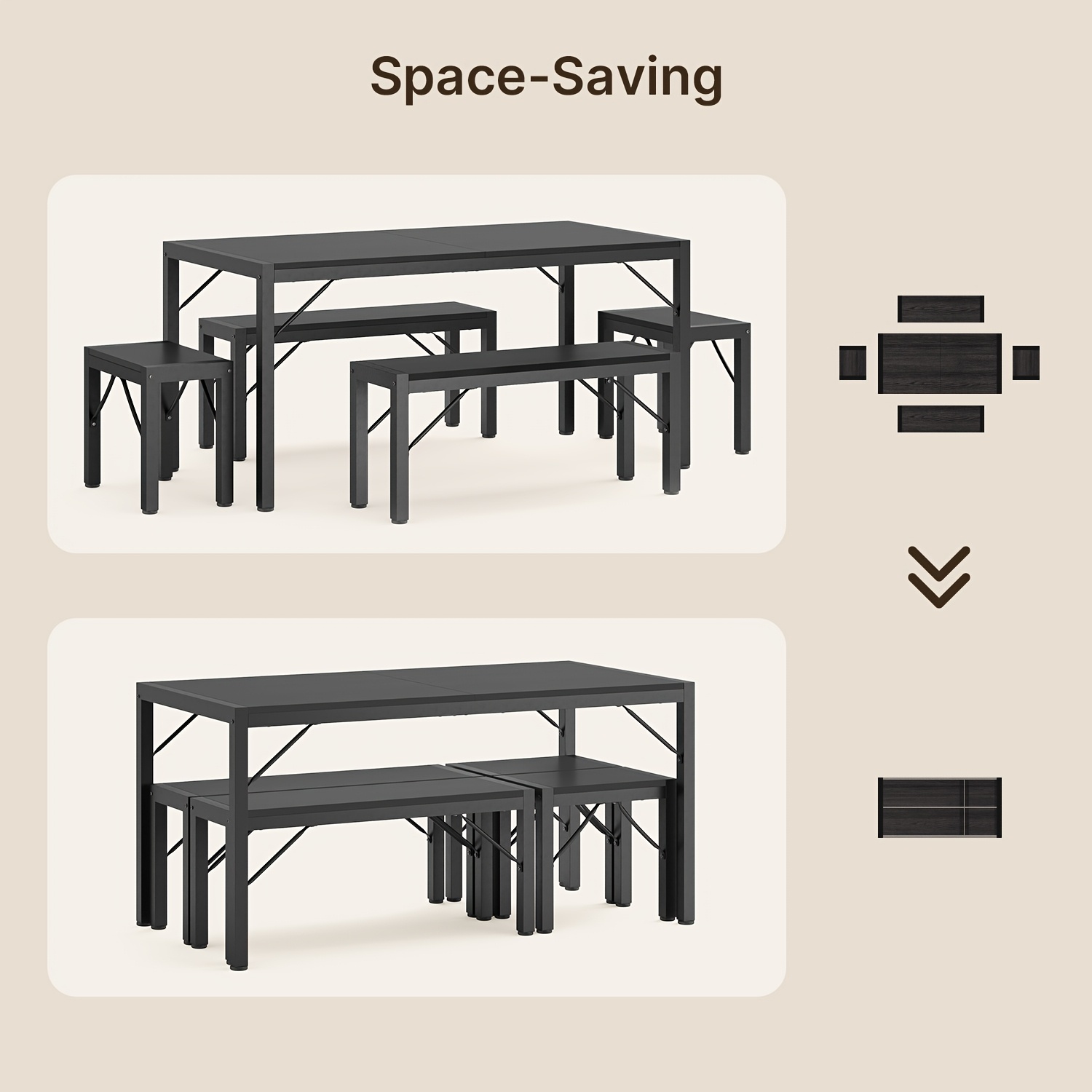 Non-Folding 5pcs Indoor & Outdoor Dining Table Set, 6 Seater Patio Kitchen Table with 2 Benches & 2 Stools, Industrial Space-Saving Set for Picnic, Camping, Backyard