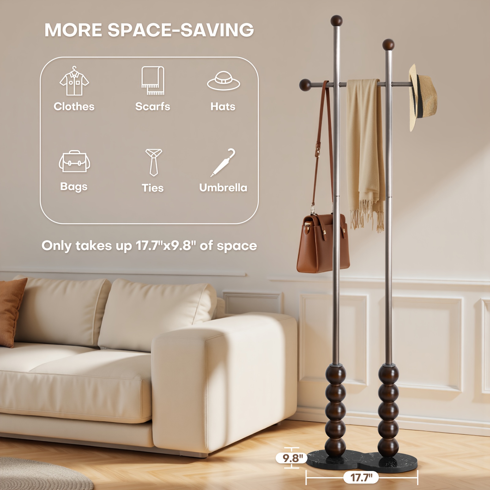 Metal Freestanding Coat Rack with Stainless Steel Double Rods & Marble Base, Hanging Clothes Rack for Entryway, Hallway, Bedroom, Living Room, Hallway Organizer, Entryway Storage, Contemporary Furniture, Modern Coat Hanger, Durable Construction, Highquality Materials, Freestanding Hanger, Versatile Organizer, Apartment Living, Interior Decorators