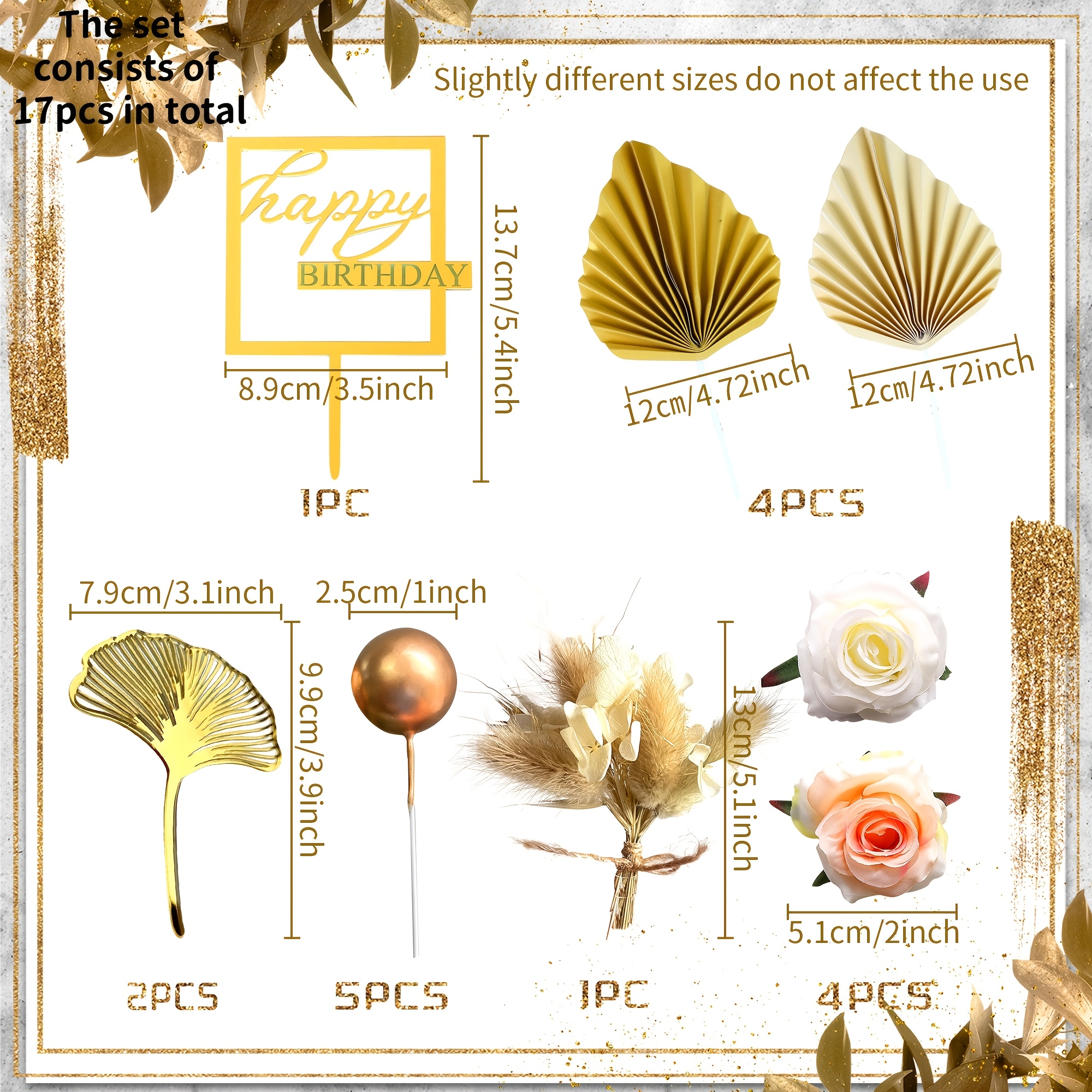 Image of Laventy 17pcs/18pcs/26pcs Boho Rose Cake Decoration Balls Cake Decoration Golden Palm Leaves Cake Decoration Bohemian White Cake Decoration Boho Party Supplies