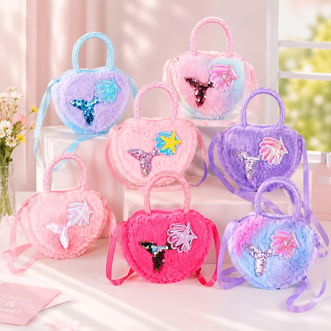 TEMU 7pcs Cartoon Heart Mermaid Handheld Wallet, Creative Plush Colorful Coin Purse, Birthday Party Gift