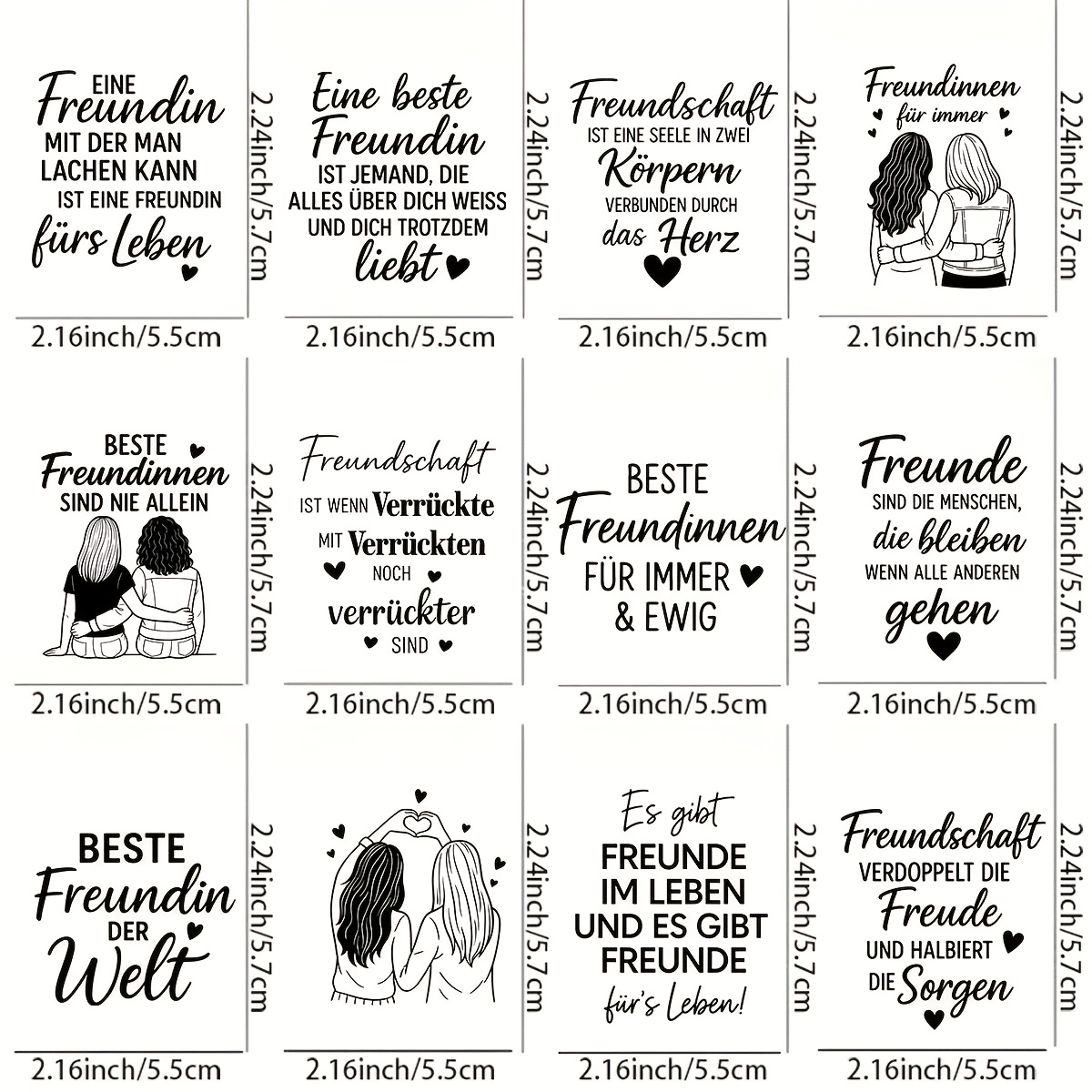 Image of 12pcs German Best Friendship Quote Themed Mug Transfer Stickers, Uv Dtf Decals, Suitable For Glass, Laptops, Cups, Bottles, Smooth Surfaces, Furniture Crafts Woodworking