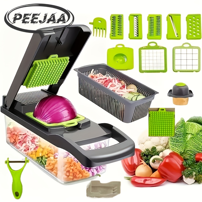 TEMU PEEJAA 1+15pcs Ensemble d'outils de cuisine multifonctionnels comprenant hachoir à légumes manuel, trancheuse à fruits, râpe à aliments, hachoir