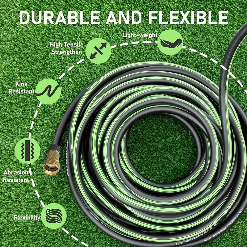50ft heavy duty rubber garden hose with 10 function high pressure nozzle 3 4 inch solid brass leak proof joint thread suitable for outdoor cleaning gardening and lawn care bright sturdy structure Product details 1