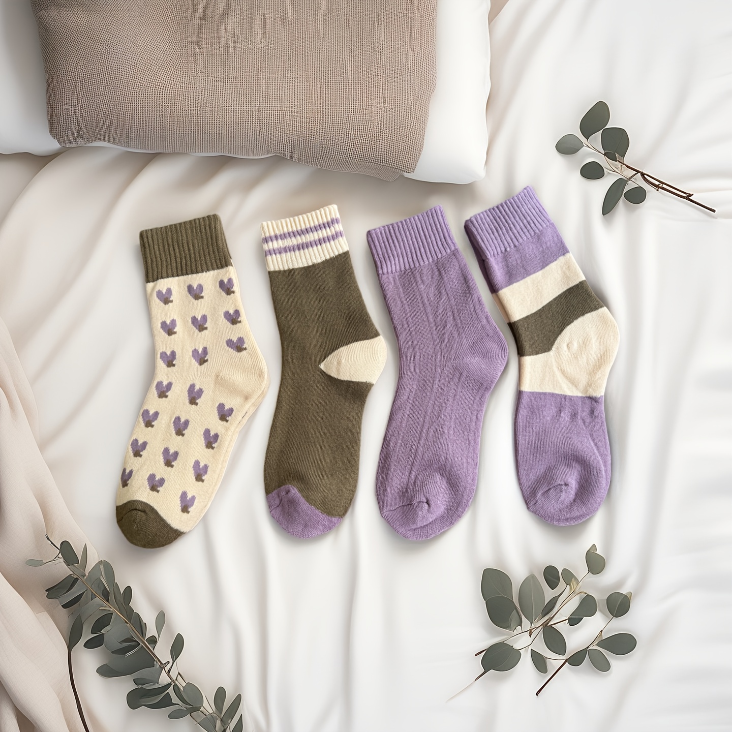 Image of 4 Pairs Women's Thermal Mid-calf Socks - Color Block & Purple Heart Patterns, Soft Terrycloth Fabric For , Cozy Winter Fall Casual Wear, Cute Japanese-, Seasonal Footwear