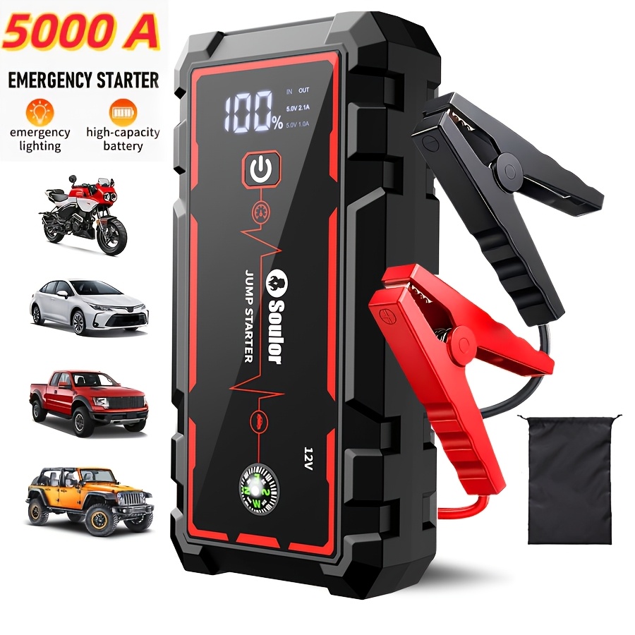 TEMU 3-in-1 Portable Car Emergency Power Supply, 5000a And 6000a Battery Starters, Optional, With Eva Storage Bag, Led Emergency Light, Rechargeable