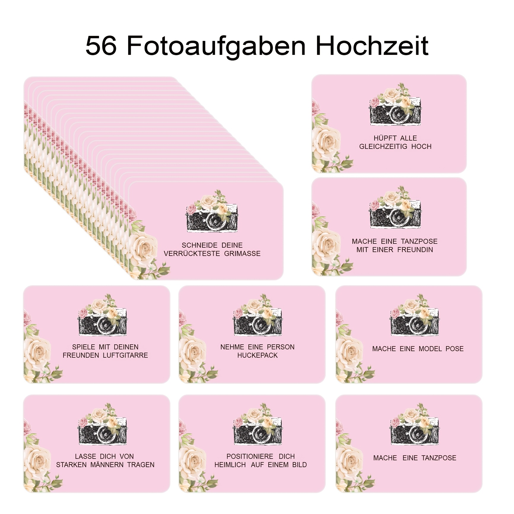 E-shop 56-teilige Hochzeitsfoto-Aufgaben, passend für Gästebuch & Fotokabinen-Requisiten – Lustige Foto-Spielaktivitäten mit Sprüchen, Papierkarten für