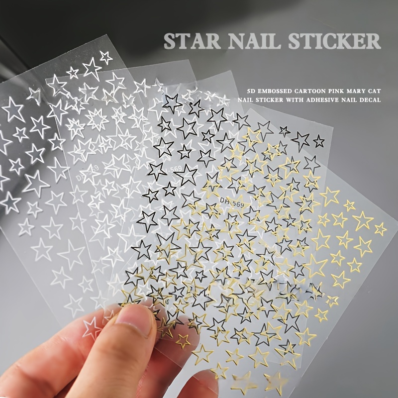 4pcs Nail Art Decals - 3d Stars, Dopamine Style, Pentagrams, Hollow-out Black, White, Golden, And Silvery Creative Nail Stickers