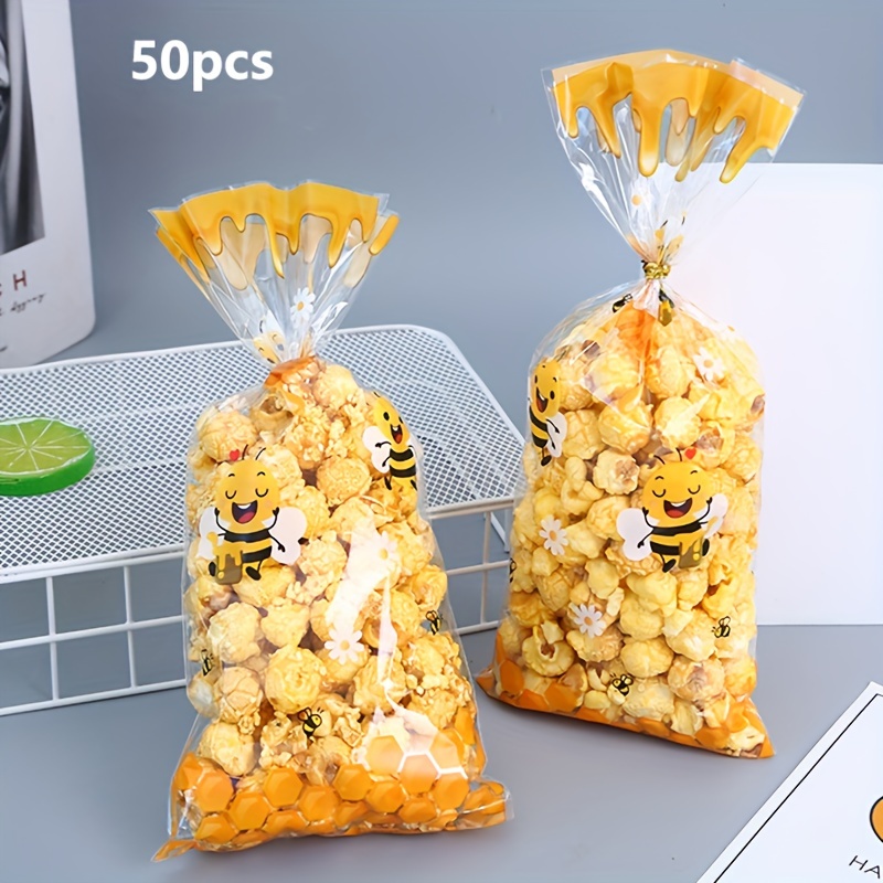 

50-pack Bee Themed Plastic Candy Bags With Self-seal Closure, Disposable Pouches For Party Favors And Gifts