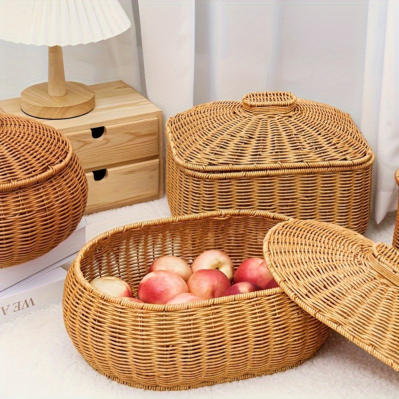 

1pc, Pp Rattan Woven Basket With Lid, Oval Storage Basket For Kitchen, Bathroom, Bedroom, Living Room, And Storage Supplies Gift Basket