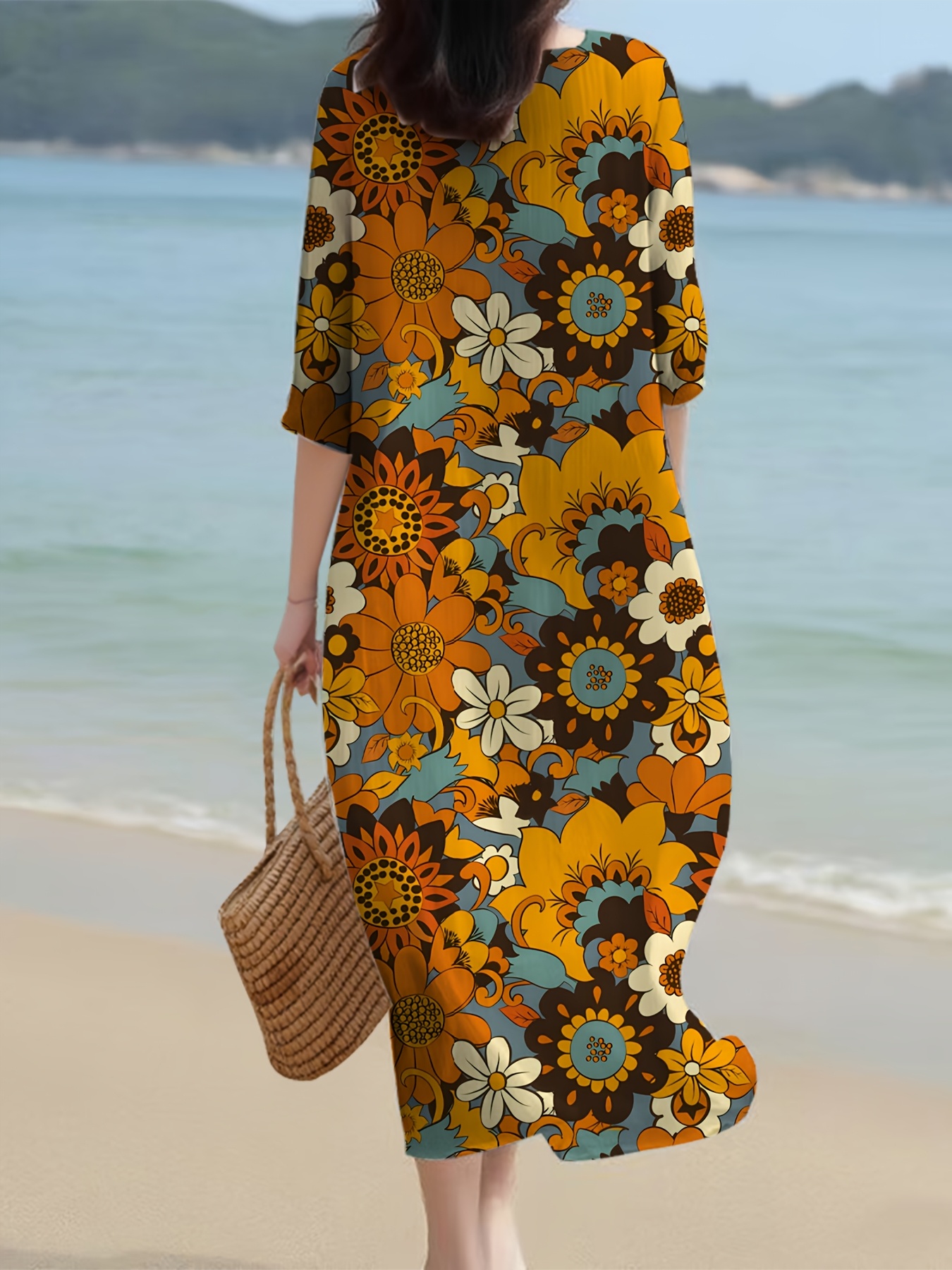 Women's Elegant Floral Print Long Sleeve Dress - Lightweight Polyester,  Round Neck, Casual Beach Kaftan Style, Machine Washable, Vibrant Sunflower  & * Design * Spring/Summer/Fall * Cute Summer Dresses