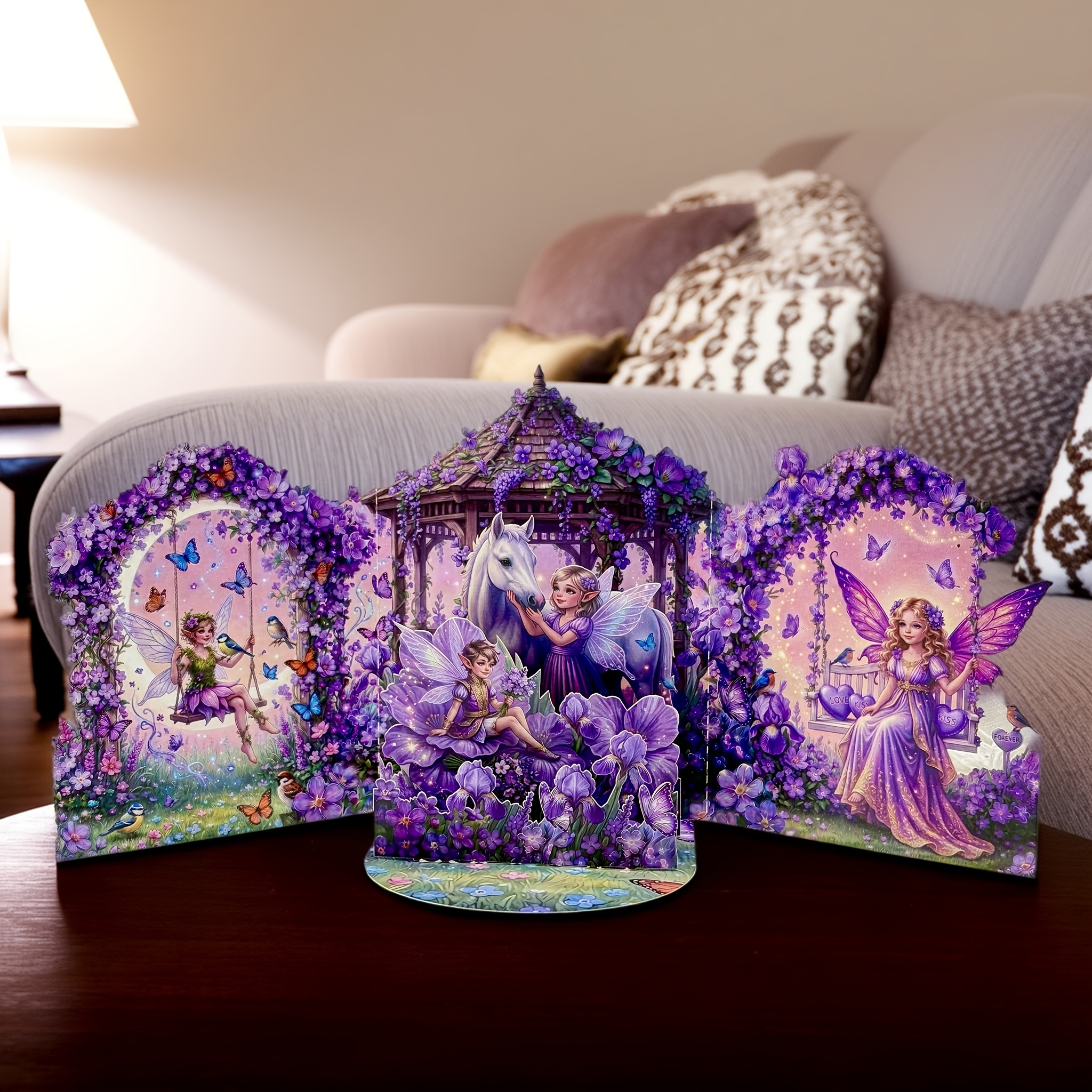 TEMU Valentine's Day Collectible 3d Purple -me-not Greeting Card, Promise To Never Fade, Purple With Butterflies, Birds, And Fairy Design, Handmade