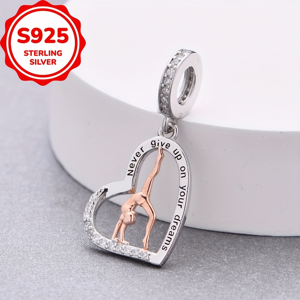 Image of 1pc 925 Sterling Silver I Love Gymnastics Heart Shaped Design Bracelet Or Necklace Charms Beads Diy Making Jewelry Accessories Birthday Gift ( 1.5g)