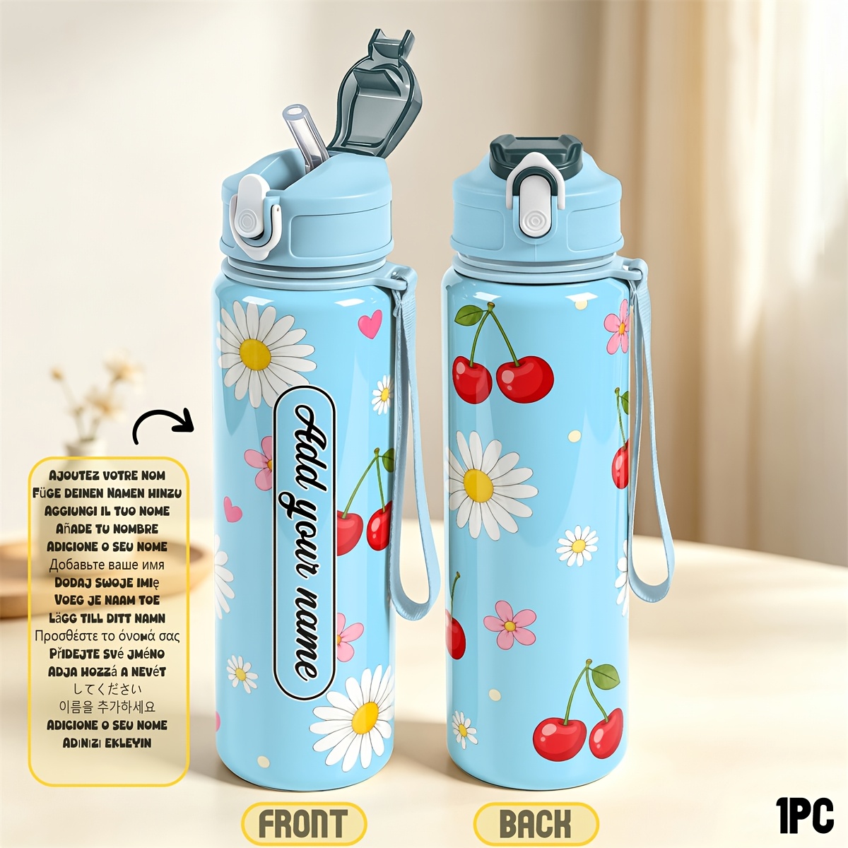 TEMU 1pc, Personalized 25oz/750ml Bottle With Custom Name Leak-proof Cute Cartoon Dino Sports Water Bottle For Women Men Birthday Graduation