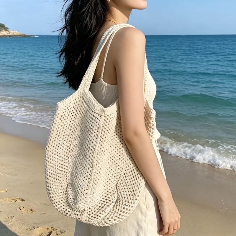 TEMU Borsa intrecciata da donna casual da 1 pezzo, capiente, con - Borsa tote da spiaggia con tracolla regolabile, marrone chiaro//, tessuto