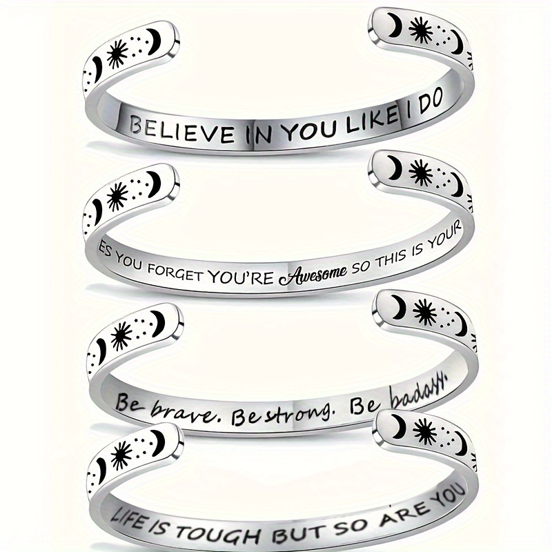 TEMU 4pcs Funky Moon Star Pattern 6mm Adjustable Stainless Steel Cuff Bangle Open Bracelet Handmade Shape Laser Engraving Inspirational Letters 1 Size Fits All