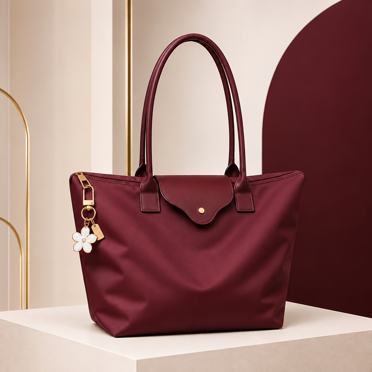 TEMU Sac fourre-tout SHBW pour femmes, avec porte-clés , lisse, double poignées, fermeture éclair supérieure, à bouton-pression et breloque florale,