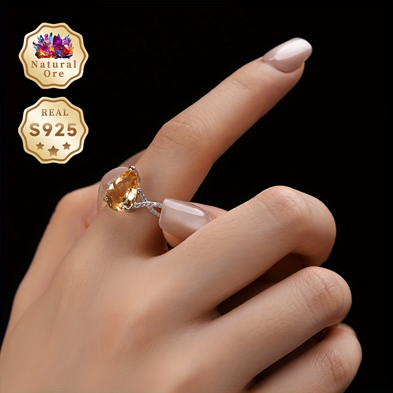 Women's Adjustable 925 Silver Ring with Yellow Natural Crystal