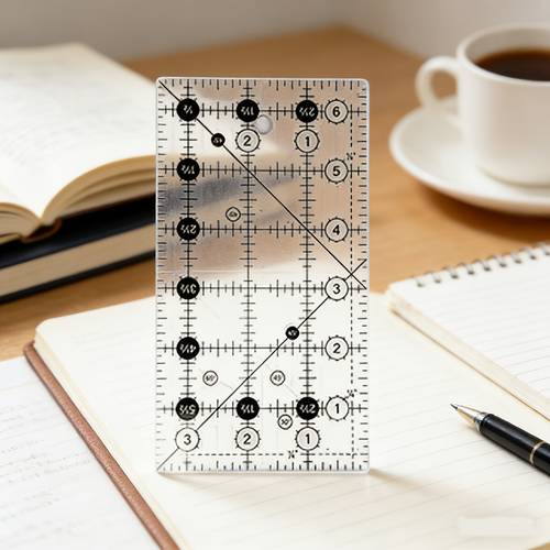 a rectangular acrylic sewing ruler measuring 6 46 inches by 3 46 inches featuring a non slip handle suitable for quilting sewing crafting measuring and cutting fabric sewing tools craft tools and sewing rulers