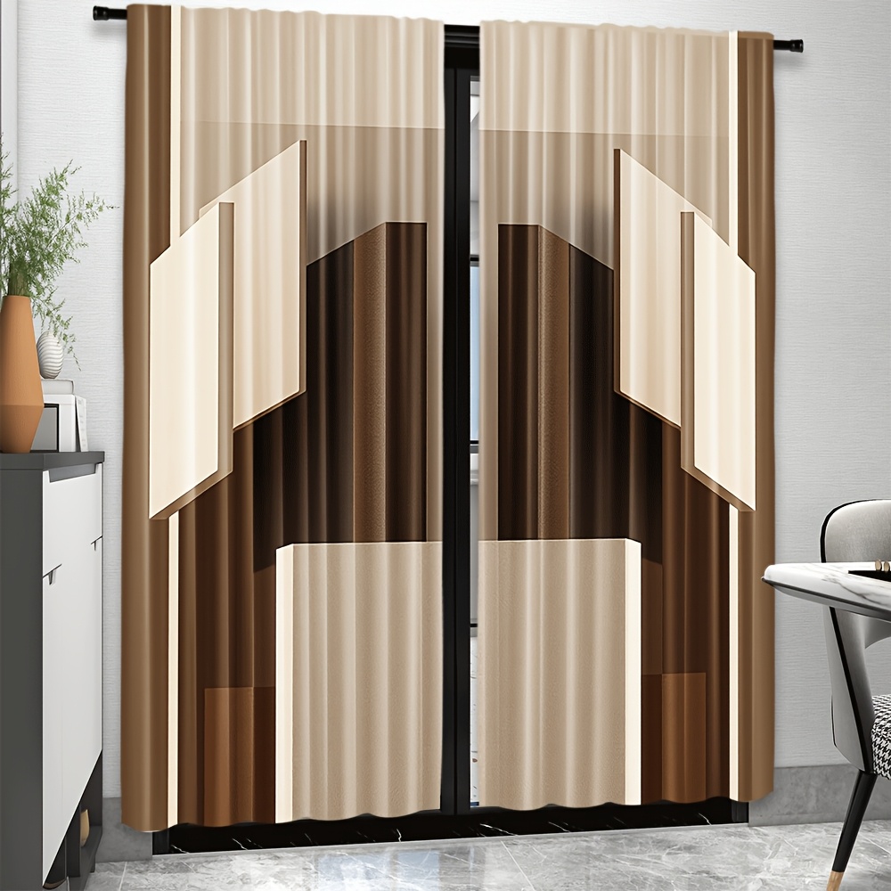 2pcs Cortinas Bege com Padrão de Bloco Geométrico - Design de Bolso de Varão 9