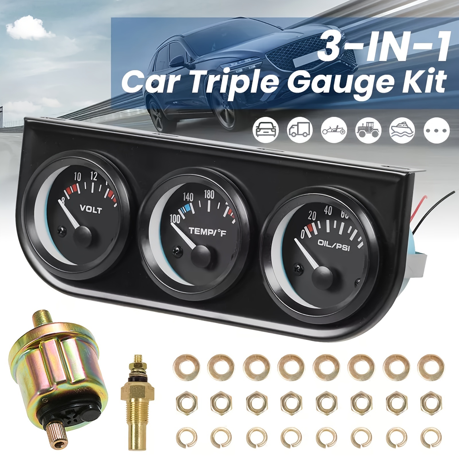 

3 In 1 Car Meter (voltmeter + Water Gauge + Gauge), 2" Chrome Voltage Gauge Water Temp Gauge Oil Pressure Sensor 12v 52mm Triple Gauge Kit