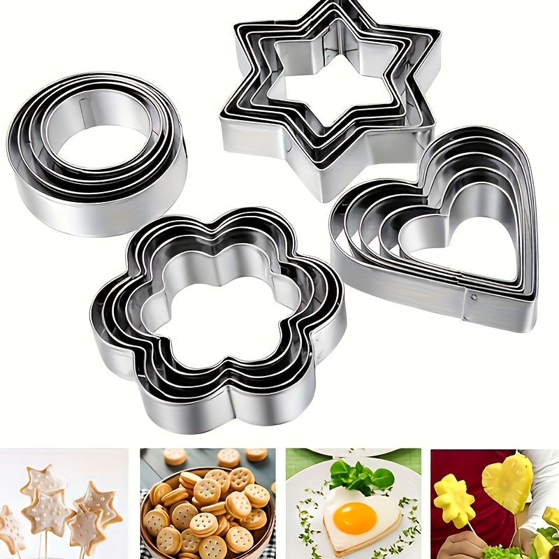 [Biscuit Mold Set] 12pcs Stainless Steel Biscuit Mold Flower Shaped Circular Heart-shaped Star Shaped Biscuit Set for Kitchen Baking Tools Of Cakes, Vegetables, Sandwiches, Fruits, Candies, Biscuits, Birthday Parties, Holiday Celebrations, Baking Supplies
