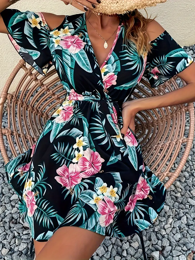 elegant tropical print shoulder tie dress women's clothing - Temu Greece elegant tropical print shoulder tie dress women's clothing - Temu Greece