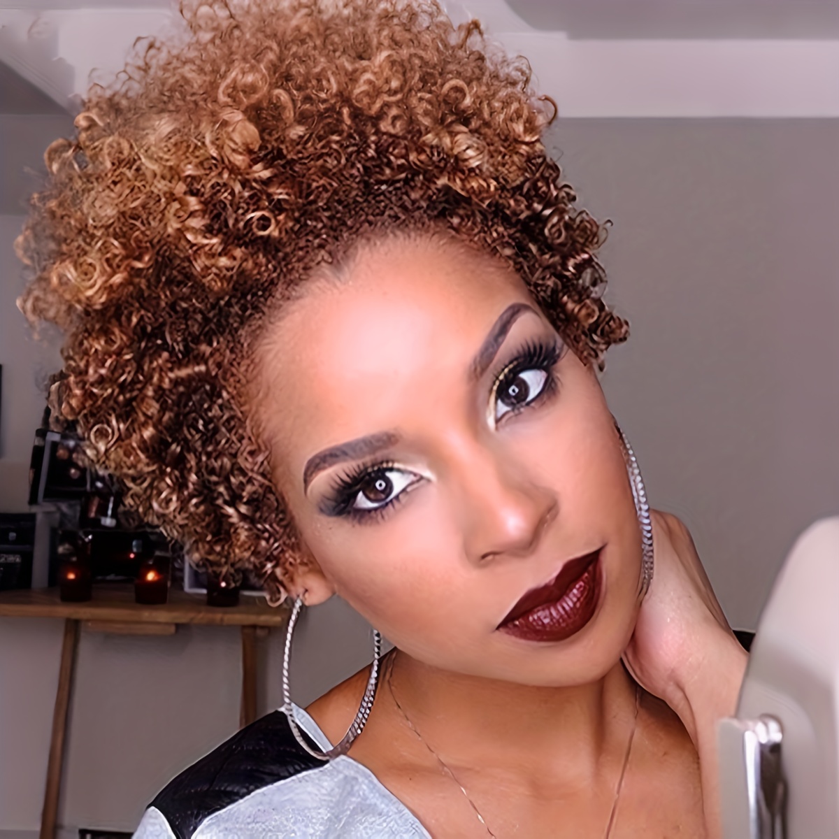 TEMU Short Afro Synthetic Wig For Women - Ombre Brown/blonde With Darkroots, Volume & Density Short Hairstyle Suitable For Halloween, Christmas