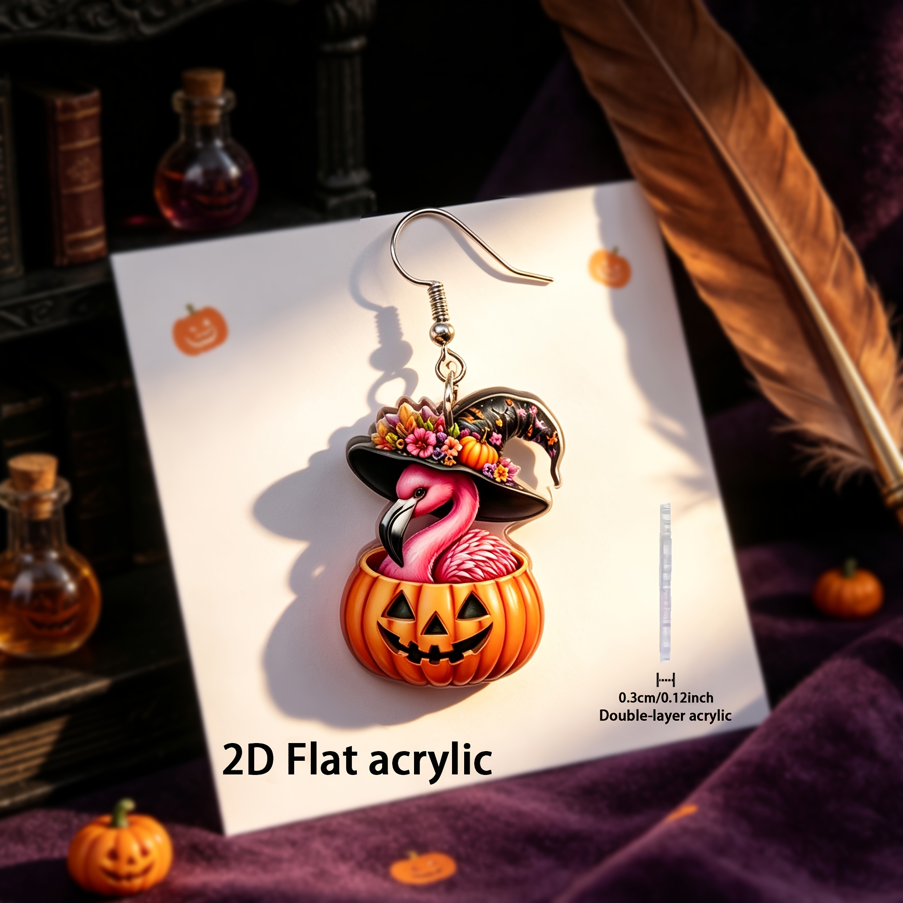 2D Flat Flamingo & Jack-o'-lantern Dangle Earrings, Retro Hippie Style