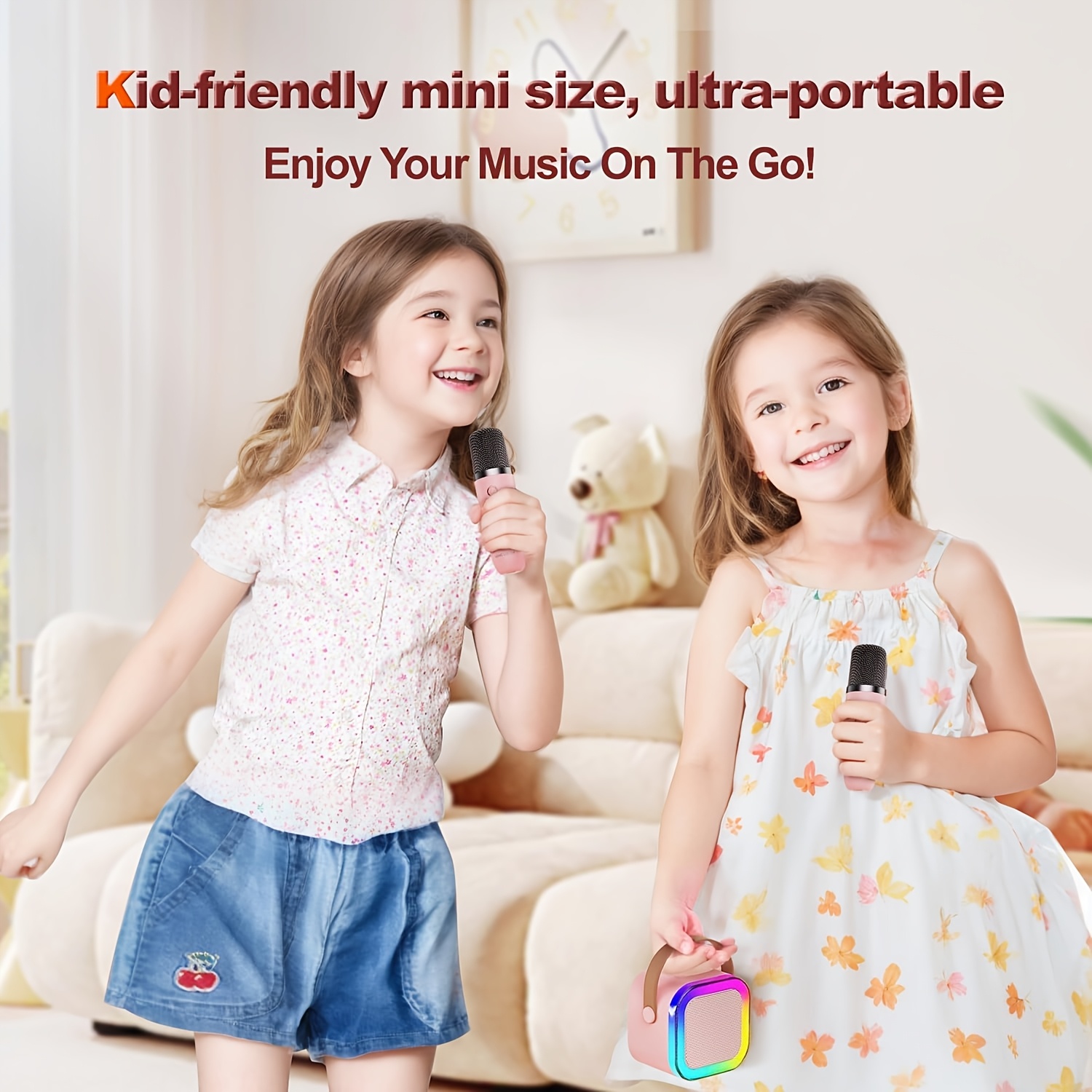 kids mini karaoke machine with wireless microphone and led light wireless speaker with 2 wireless microphones and led portable karaoke machine set usb rechargeable 18650 lithium battery suitable for family parties and christmas birthday gifts details 1